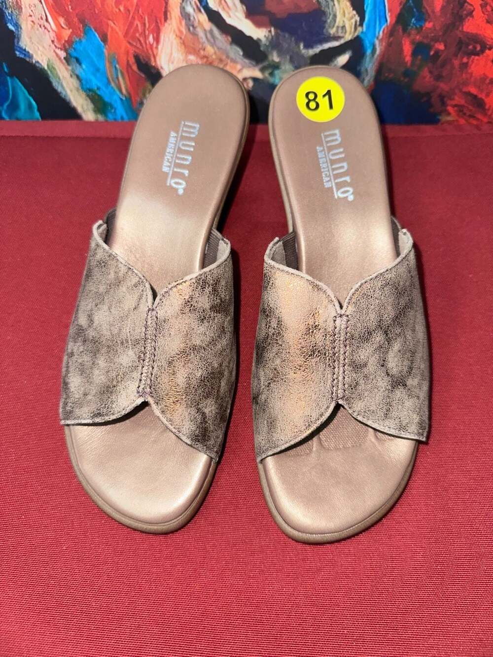 No.81 Women's Munro American Slides, Sparkly Golden Tan Leather Wedge Heel Mules